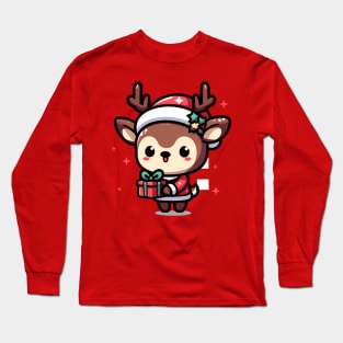 cute christmas deer holding a gift for everyone Long Sleeve T-Shirt